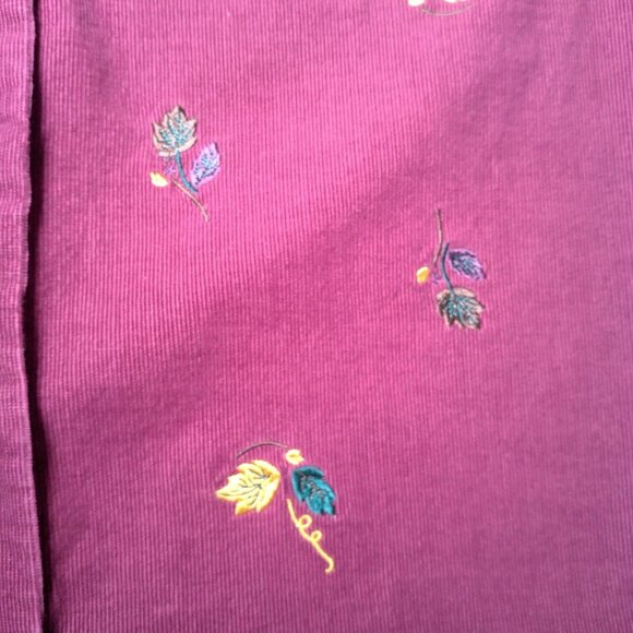 Bobbie Brooks Shirt XL Button Up Embroidered Leaf Leaves Maroon Corduroy Nature - Picture 7 of 10